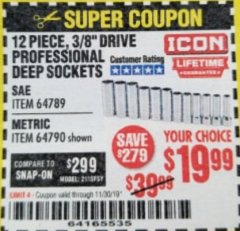 Harbor Freight Coupon 12 PIECE, 3/8" DRIVE PROFESSIONAL DEEP SOCKETS Lot No. 64789/64790 Expired: 11/30/19 - $19.99