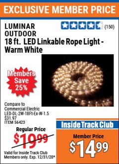 Harbor Freight ITC Coupon LUMINAR OUTDOOR 18 FT. PLUG IN ROPE LIGHT Lot No. 56423 Expired: 12/31/20 - $14.99