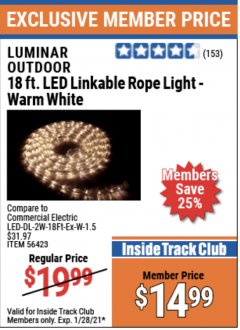 Harbor Freight ITC Coupon LUMINAR OUTDOOR 18 FT. PLUG IN ROPE LIGHT Lot No. 56423 Expired: 1/28/21 - $14.99