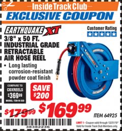 Harbor Freight ITC Coupon 3/8" X 50FT. INDUSTRIAL GRADE RETRACTABLE AIR HOSE REEL Lot No. 64925 Expired: 12/31/19 - $169.99