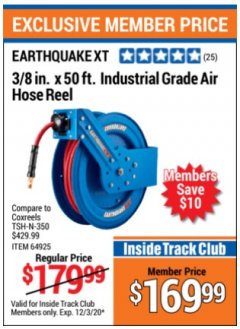 Harbor Freight ITC Coupon 3/8" X 50FT. INDUSTRIAL GRADE RETRACTABLE AIR HOSE REEL Lot No. 64925 Expired: 12/3/20 - $169.99