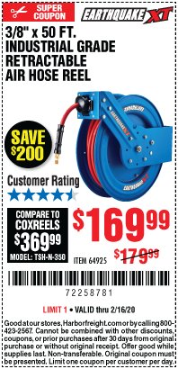 Harbor Freight Coupon 3/8" X 50FT. INDUSTRIAL GRADE RETRACTABLE AIR HOSE REEL Lot No. 64925 Expired: 2/16/20 - $169.99