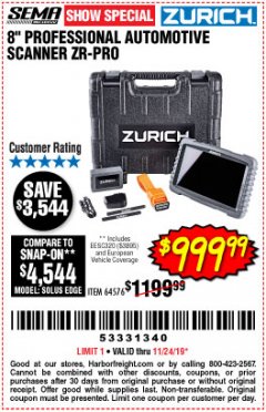 Harbor Freight Coupon ZURICH 8" PROFESSIONAL AUTOMOTIVE SCANNER ZR-PRO Lot No. 64576 Expired: 11/24/19 - $999.99