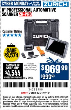 Harbor Freight Coupon ZURICH 8" PROFESSIONAL AUTOMOTIVE SCANNER ZR-PRO Lot No. 64576 Expired: 12/2/19 - $969.99