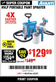 Harbor Freight Coupon AVANTI HVLP PORTABLE PAINT SPRAYER Lot No. 64933 Expired: 6/30/20 - $129.99