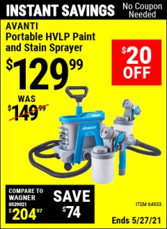 Harbor Freight Coupon AVANTI HVLP PORTABLE PAINT SPRAYER Lot No. 64933 Expired: 4/29/21 - $129.99