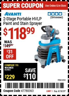 Harbor Freight Coupon AVANTI HVLP PORTABLE PAINT SPRAYER Lot No. 64933 Expired: 6/18/23 - $118.99