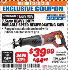 Harbor Freight ITC Coupon 7.5 AMP HEAVY DUTY VARIABLE SPEED RECIPROCATING SAW Lot No. 42597/69067 Expired: 6/30/20 - $39.99