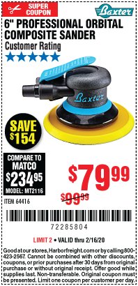 Harbor Freight Coupon 6" PROFESSIONAL ORBITAL COMPOSITE SANDER Lot No. 64416 Expired: 2/16/20 - $79.99