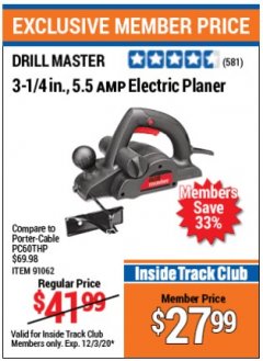 Harbor Freight ITC Coupon 3-1/4", 5.5 AMP ELECTRIC PLANER Lot No. 61691/91062 Expired: 12/3/20 - $27.99