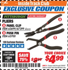 Harbor Freight ITC Coupon PLIERS PANEL CLIP PUSH PIN Lot No. 63699/67399/67400/63700 Expired: 2/29/20 - $4.99