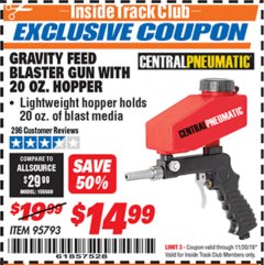 Harbor Freight ITC Coupon GRAVITY FEED BLASTER GUN WITH 20 OZ HOPPER Lot No. 95793 Expired: 11/30/19 - $14.99