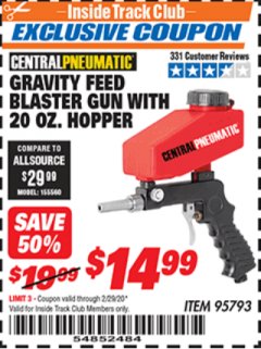 Harbor Freight ITC Coupon GRAVITY FEED BLASTER GUN WITH 20 OZ HOPPER Lot No. 95793 Expired: 2/29/20 - $14.99