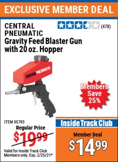 Harbor Freight ITC Coupon GRAVITY FEED BLASTER GUN WITH 20 OZ HOPPER Lot No. 95793 Expired: 2/25/21 - $14.99