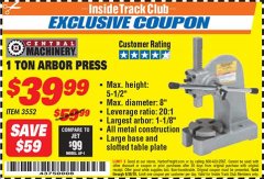 Harbor Freight ITC Coupon 1 TON ARBOR PRESS Lot No. 3552 Expired: 6/30/18 - $39.99