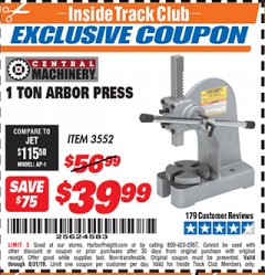 Harbor Freight ITC Coupon 1 TON ARBOR PRESS Lot No. 3552 Expired: 8/31/19 - $39.99