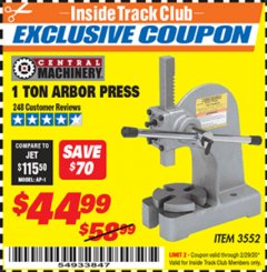 Harbor Freight ITC Coupon 1 TON ARBOR PRESS Lot No. 3552 Expired: 2/29/20 - $44.99