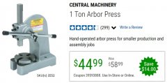 Harbor Freight Coupon 1 TON ARBOR PRESS Lot No. 3552 Expired: 6/30/20 - $44.99