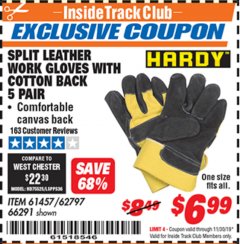 Harbor Freight ITC Coupon SPLIT LEATHER WORK GLOVES WITH COTTON BACK 5 PAIR Lot No. 61457/62797/66291 Expired: 11/30/19 - $6.99