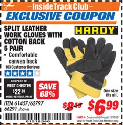 Harbor Freight ITC Coupon SPLIT LEATHER WORK GLOVES WITH COTTON BACK 5 PAIR Lot No. 61457/62797/66291 Expired: 11/30/19 - $6.99