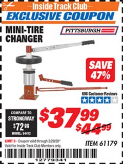 Harbor Freight ITC Coupon MINI-TIRE CHANGER Lot No. 34552/61179 Expired: 2/29/20 - $37.99