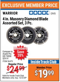 Harbor Freight ITC Coupon 4" MASONRY DIAMOND BLADE ASSORTED SET - PACK OF 3 Lot No. 56475/61893/46152 Expired: 12/3/20 - $19.99