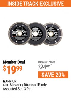 Harbor Freight ITC Coupon 4" MASONRY DIAMOND BLADE ASSORTED SET - PACK OF 3 Lot No. 56475/61893/46152 Expired: 5/31/21 - $19.99