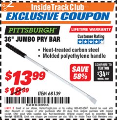 Harbor Freight ITC Coupon PITTSBURGH 36 IN. JUMBO PRY BAR Lot No. 68139 Expired: 10/31/18 - $13.99