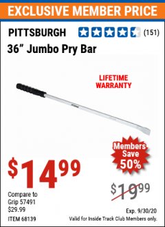 Harbor Freight ITC Coupon PITTSBURGH 36 IN. JUMBO PRY BAR Lot No. 68139 Expired: 9/30/20 - $14.99