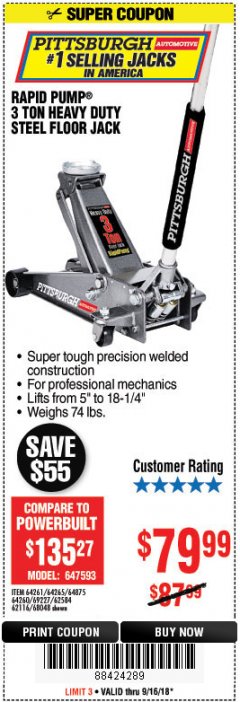 Harbor Freight Coupon RAPID PUMP 3 TON HEAVY DUTY STEEL FLOOR JACK Lot No. 68048/69227/62116/62590/62584 Expired: 9/16/18 - $79.99