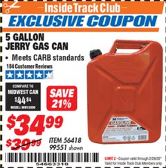 Harbor Freight ITC Coupon 5 GALLON JERRY GAS CAN Lot No. 56418/99551 Expired: 2/29/20 - $34.99