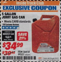 Harbor Freight ITC Coupon 5 GALLON JERRY GAS CAN Lot No. 56418/99551 Expired: 4/30/20 - $34.99