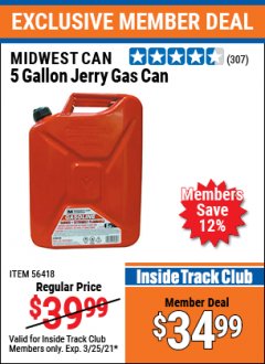 Harbor Freight ITC Coupon 5 GALLON JERRY GAS CAN Lot No. 56418/99551 Expired: 3/25/21 - $34.99