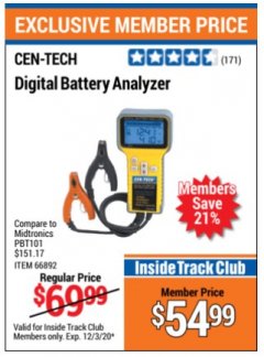 Harbor Freight ITC Coupon DIGITAL BATTERY ANALYZER Lot No. 66892 Expired: 12/3/20 - $54.99