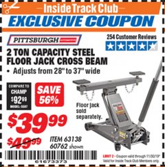 Harbor Freight ITC Coupon 2 TON CAPACITY STEEL FLOOR JACK CROSS BEAM Lot No. 63138/60762 Expired: 11/30/19 - $39.99