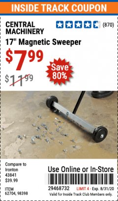 Harbor Freight Coupon 17" MAGNETIC SWEEPER Lot No. 98398/62704 Expired: 8/31/20 - $7.99