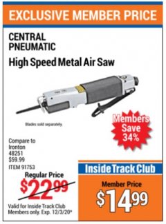 Harbor Freight ITC Coupon HIGH SPEED METAL AIR SAW Lot No. 113/62541/91753 Expired: 12/3/20 - $14.99