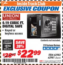 Harbor Freight ITC Coupon 0.19 CUBIT FT. DIGITAL SAFE Lot No. 62982/62981 Expired: 11/30/19 - $22.99