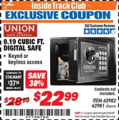 Harbor Freight ITC Coupon 0.19 CUBIT FT. DIGITAL SAFE Lot No. 62982/62981 Expired: 6/30/20 - $22.99