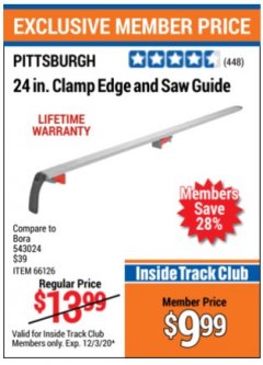 Harbor Freight ITC Coupon 24" CLAMP EDGE AND SAW GUIDE Lot No. 66126 Expired: 12/3/20 - $9.99