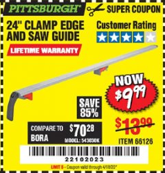 Harbor Freight Coupon 24" CLAMP EDGE AND SAW GUIDE Lot No. 66126 Expired: 6/30/20 - $9.99