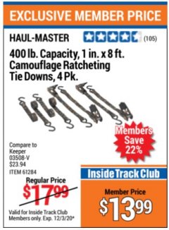 Harbor Freight ITC Coupon 4 PIECE, 1" X 8 FT. CAMOUFLAGE RATCHETING TIE DOWNS Lot No. 98472/61956/61284 Expired: 12/3/20 - $13.99