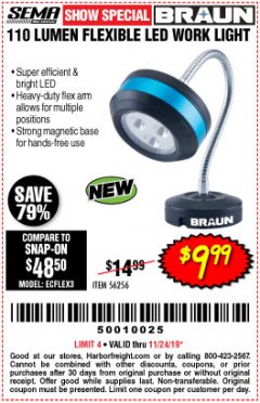 Harbor Freight Coupon BRAUN 110 LUMEN FLEXIBLE LED WORK LIGHT Lot No. 56256 Expired: 11/24/19 - $9.99