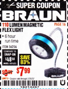 Harbor Freight Coupon BRAUN 110 LUMEN FLEXIBLE LED WORK LIGHT Lot No. 56256 Expired: 2/29/20 - $7.99