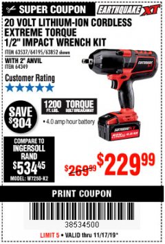 Harbor Freight Coupon LITHIUM-ION CORDLESS EXTREME TORQUE 1/2" IMPACT WRENCH KIT Lot No. 63537, 64195, 63852, 64349 Expired: 11/17/19 - $229.99