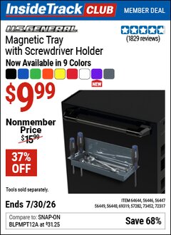 Harbor Freight ITC Coupon U.S. GENERAL MAGNETIC TRAY WITH SCREWDRIVER HOLDER Lot No. 56446/56447/56448/56449/57282/64644/69319 Valid Thru: 7/30/26 - $9.99