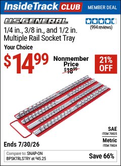 Harbor Freight ITC Coupon U.S. GENERAL 1/4 IN., 3/8 IN., AND 1/2 IN. MULTIPLE RAIL SOCKET TRAY Lot No. 70025/70024 Valid Thru: 7/30/26 - $14.99