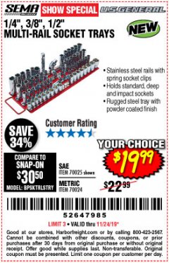Harbor Freight Coupon U.S. GENERAL 1/4 IN., 3/8 IN., AND 1/2 IN. MULTIPLE RAIL SOCKET TRAY Lot No. 70025/70024 Expired: 11/24/19 - $19.99