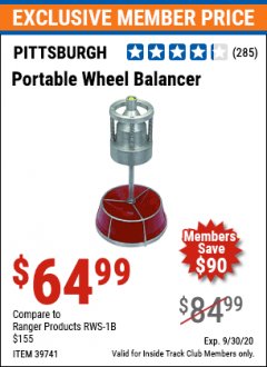 Harbor Freight ITC Coupon PORTABLE WHEEL BALANCER Lot No. 39741 Expired: 9/30/20 - $64.99