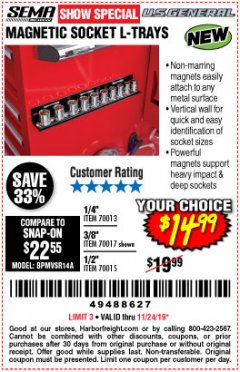 Harbor Freight Coupon MAGNETIC SOCKET L-TRAYS Lot No. 70013, 70017, 70015 Expired: 11/24/19 - $14.99